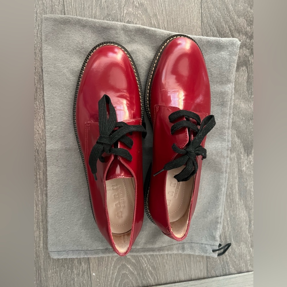 Authentic Brand New Marni Oxford Red Patent Leather Lace-Up Shoes